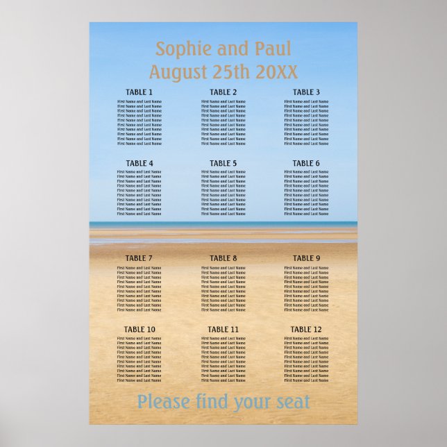 Póster 12 Tabla de asientos de boda de la playa de la mes (Frente)