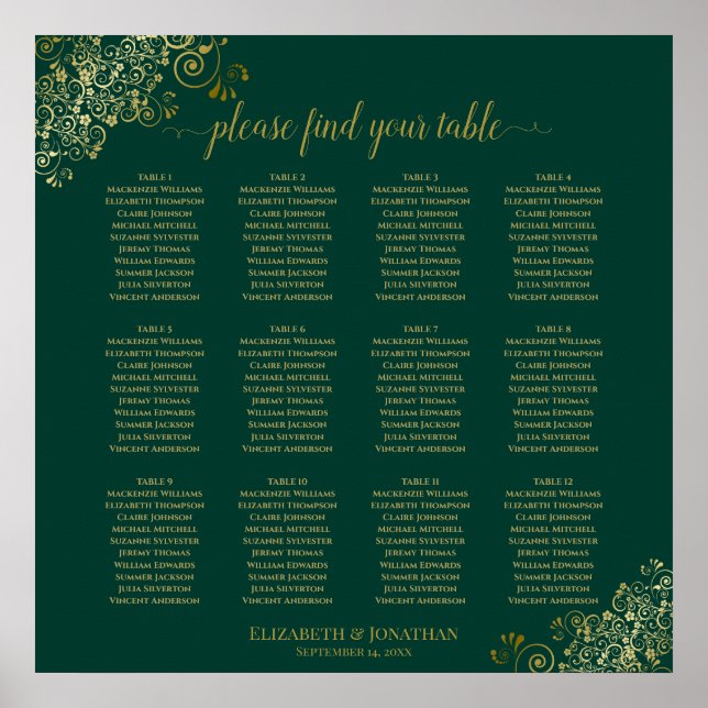 Póster 12 Tabla de asientos de Boda verde esmeralda (Frente)