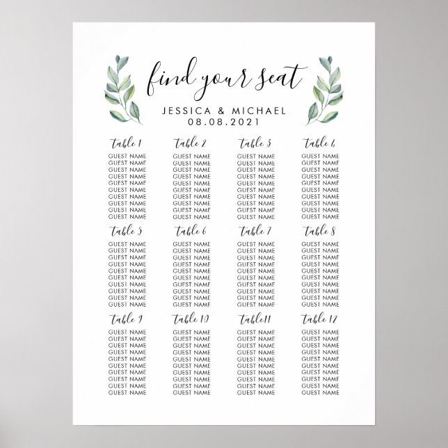 Póster 12 Tabla de asientos para invitados grandes Bodas (Frente)