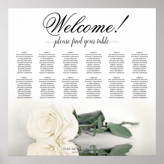 Póster 12 Tabla Elegante de asientos Boda de rosa blanco (Frente)