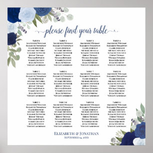 Póster 12 Tabla Elegante Rosas azules Boda de asiento