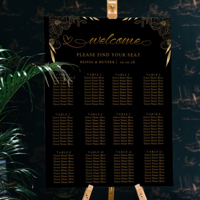 Póster 12 Tabla Elegante tablero de asientos Boda negro e (Black and Gold Floral Wedding seating chart)
