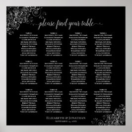 Póster 12 Tabla Plata Salones Boda Negro Tabla de asiento