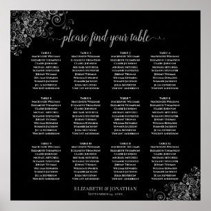 Póster 12 Tabla Plata Salones Boda Negro Tabla de asiento