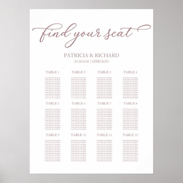 Póster 12 Tablas Boda  Plan de asiento Moda Script Poster (Frente)