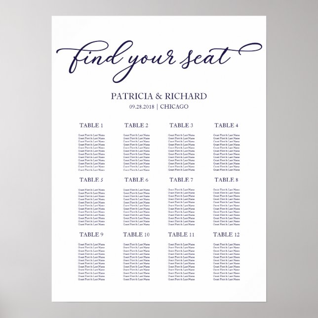 Póster 12 Tablas Boda Plan de asiento Plan Moda Script Ró (Frente)
