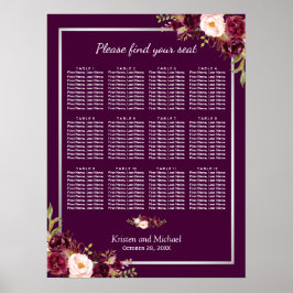 Póster 12 Tablas Plum Púrpura Boda Floral Tabla de asient