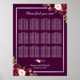 Póster 12 Tablas Plum Púrpura Boda Floral Tabla de asient