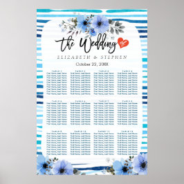 Póster 12 Tablas Tabla De Asientos Floral Azul Acuarela