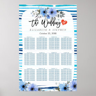 Póster 12 Tablas Tabla De Asientos Floral Azul Acuarela