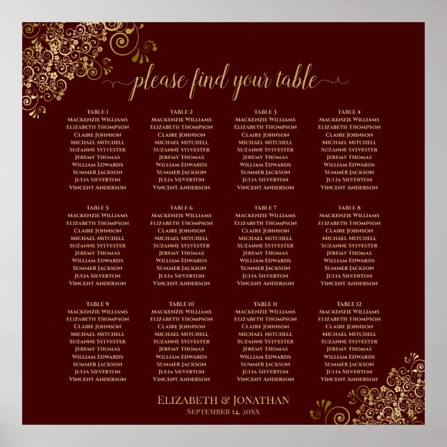 Póster 12 Table Auburn Wedding Seating Chart Lacy Gold (Frente)