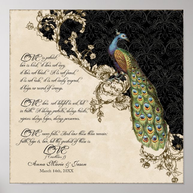 Póster 12x12 Pavo Real Vintage 1 - Boda personalizado (Frente)