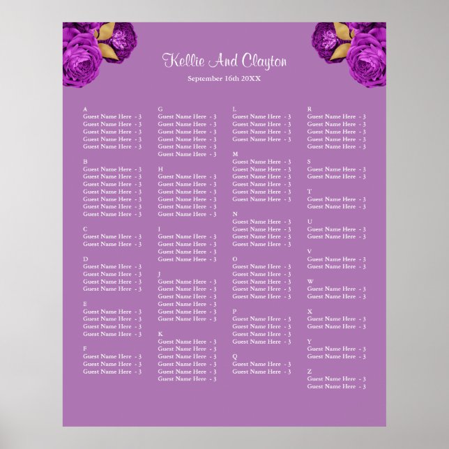 Póster 130 Gráfica De Asientos De Boda Floral Morado Y Or (Frente)