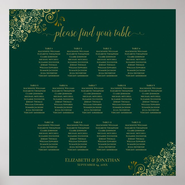Póster 13 Tabla de asientos de Boda verde esmeralda (Frente)