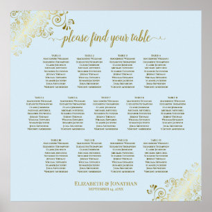 Póster 13 Tabla de asientos en polvo azul y Boda dorado