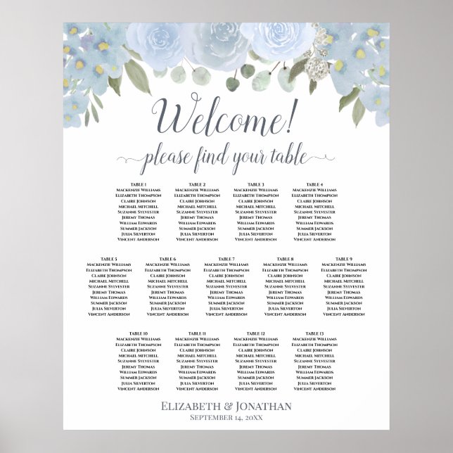 Póster 13 Tabla Dusty Blue Floral Boda (Frente)