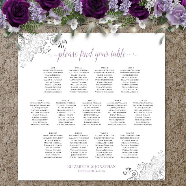 Póster 13 Table Lacy Wedding Seating Chart White Lavender (In Situ on Wall with Flowers)