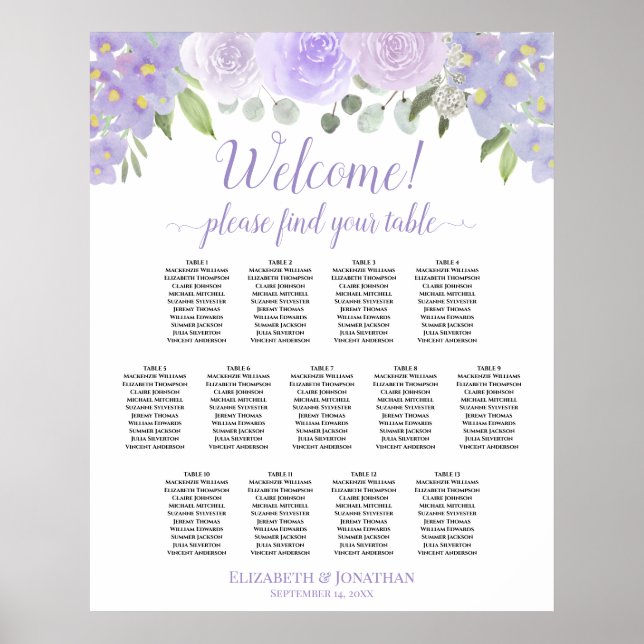 Póster 13 Table Lavender Floral Wedding Seating Chart (Frente)