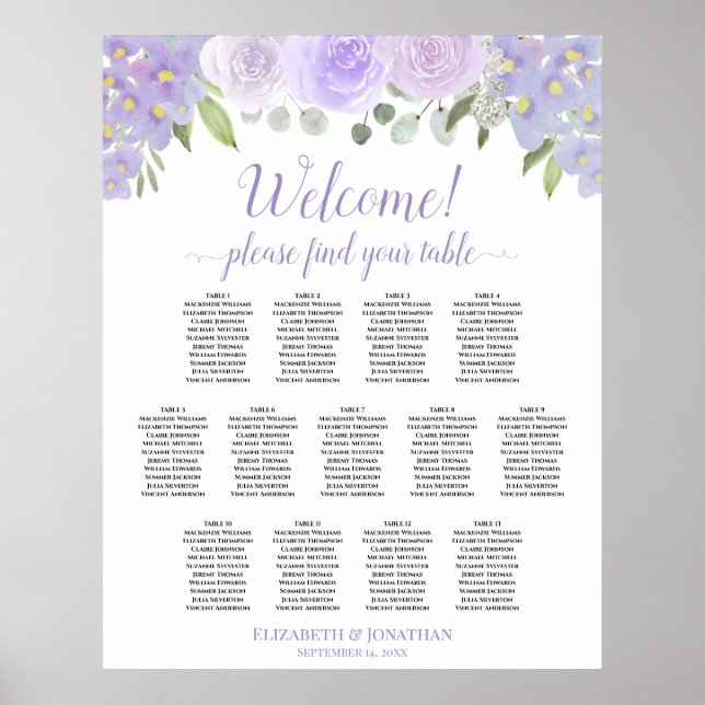 Póster 13 Table Lavender Floral Wedding Seating Chart (Frente)