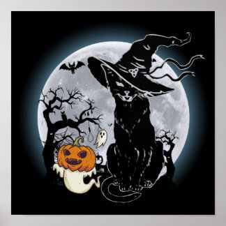 Póster 14 Halloween gato negro espantoso bruja calabaza h