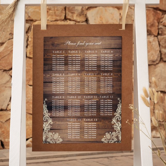 Póster 14 Mesas Rústica Tabla de asientos para Bodas de m (14 Tables Rustic Wood & Lace Wedding Seating Chart)