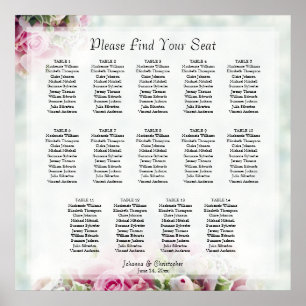 Póster 14 Tabla de asientos Boda de rosas rosadas de mesa