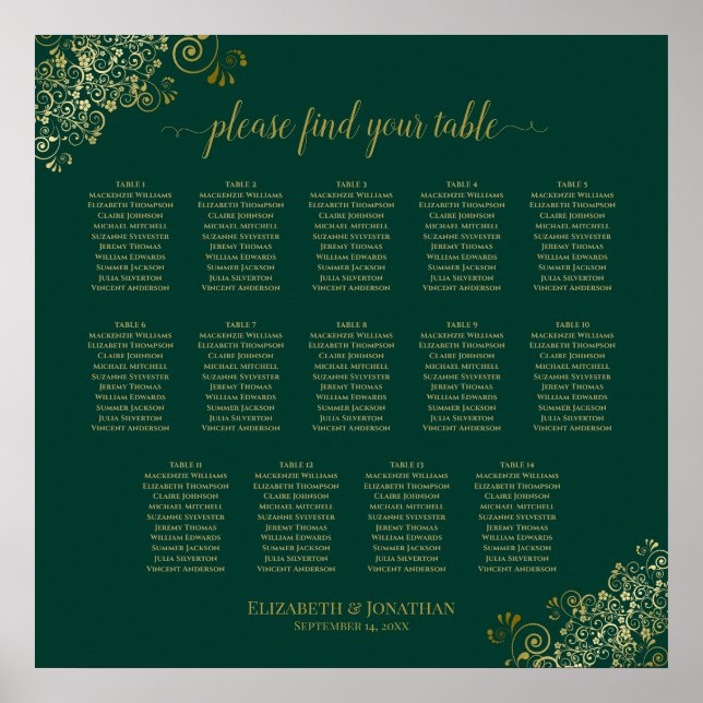 Póster 14 Tabla de asientos de Boda verde esmeralda (Frente)