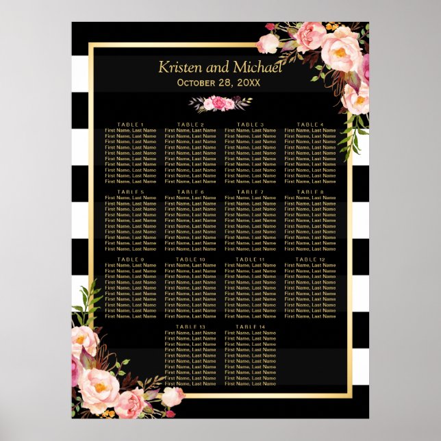Póster 14 Tablas Tabla De Asientos De Boda Floral Rosa (Frente)
