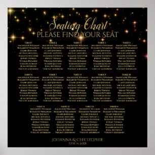 Póster 14 Table Black Wedding Seating Chart w/ gold stars