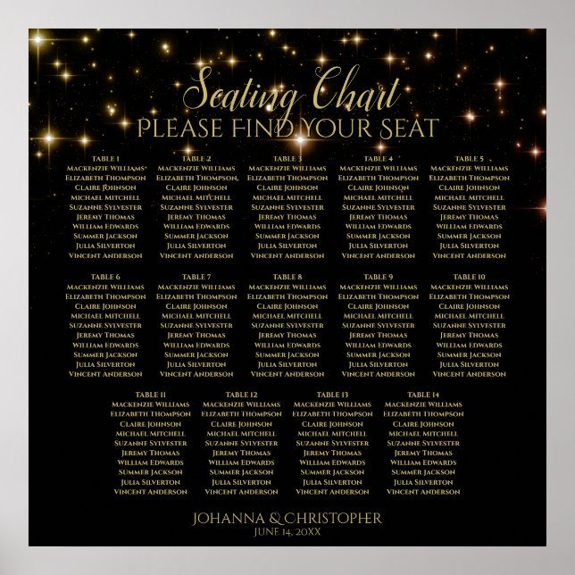 Póster 14 Table Black Wedding Seating Chart w/ gold stars (Frente)