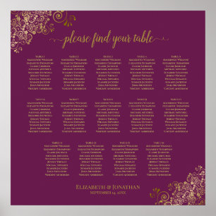 Póster 14 Table Cassis Purple Wedding Seating Chart Gold