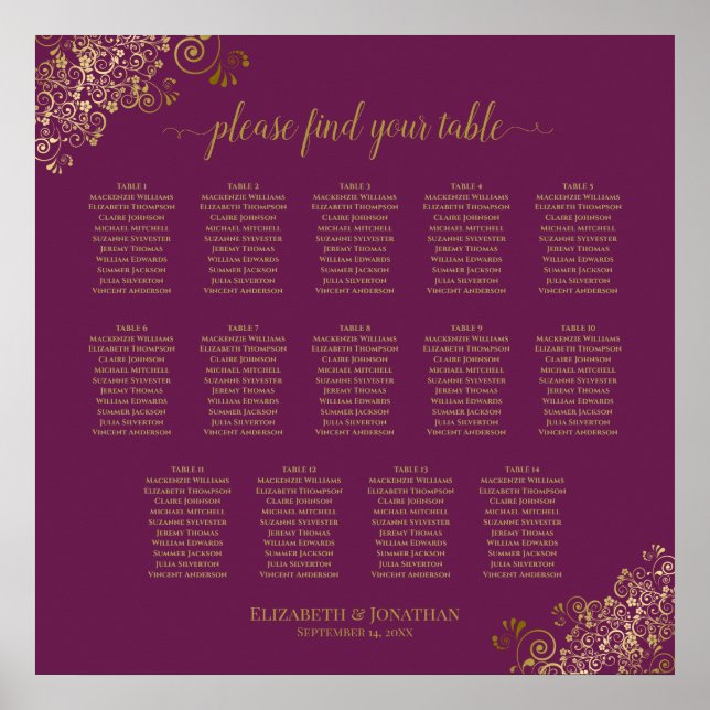 Póster 14 Table Cassis Purple Wedding Seating Chart Gold (Frente)