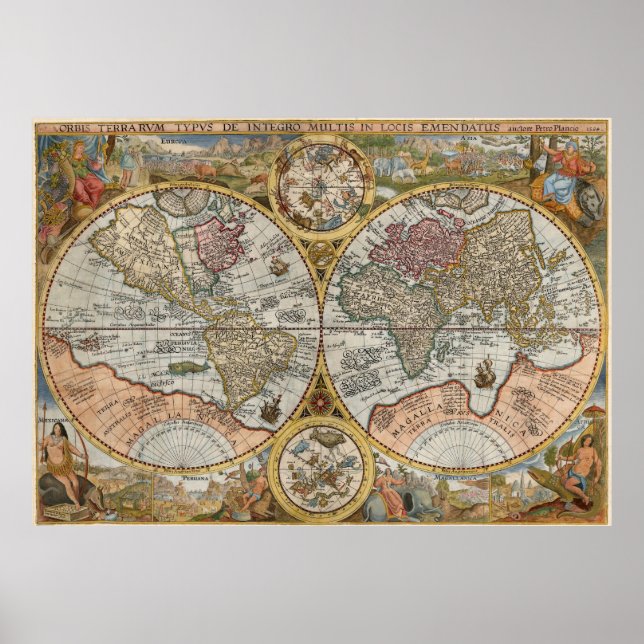 Póster 1594 Orbis Terrarum Typus Doble Hemisferio Mundo (Frente)