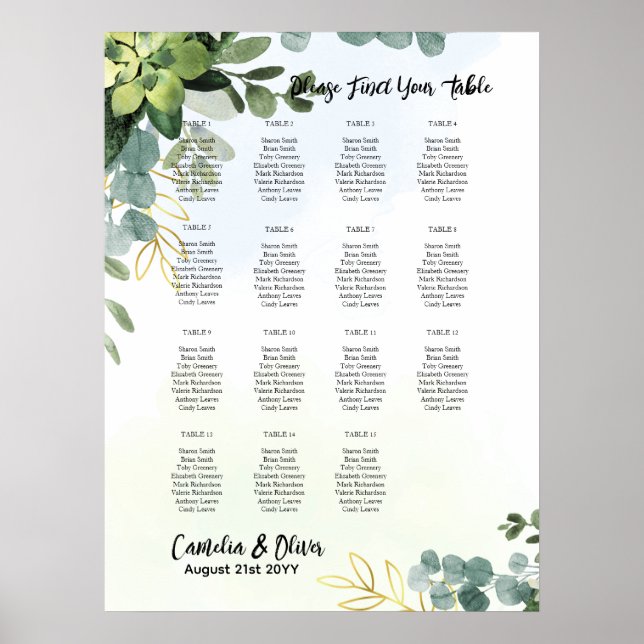 Póster 15 Tabla de asientos Boda de mesa Gráfica de veget (Frente)