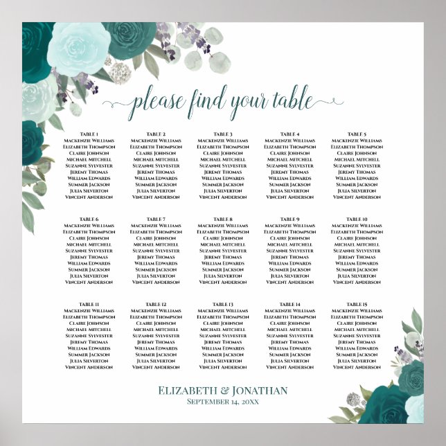 Póster 15 Tabla Elegante de Rosas Verde azulados Bodas (Frente)