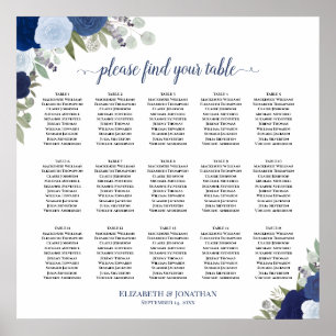 Póster 15 Tabla Elegante Rosas azules Boda de asiento