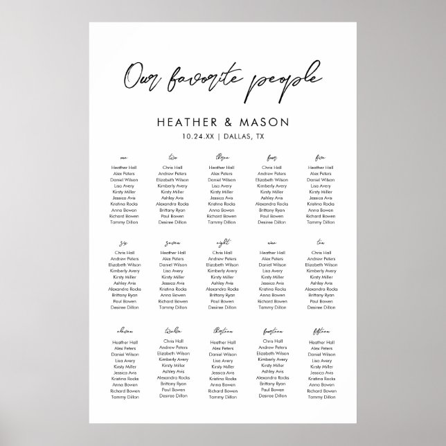 Póster 15 Tablas Boda de Nuestra Gente Favorita Asientos (Frente)