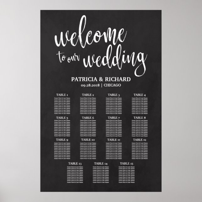 Póster 15 Tablas Boda Tabla de asientos Rótulo de tablero (Frente)