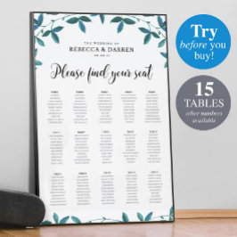 Póster 15 Table Wedding Seating Chart with Green Foliage