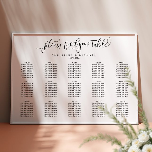 Póster 15 Tables 120 Guests Calligraphy Seating Chart (Subido por el creador)