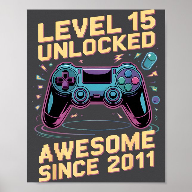 Póster 15th Birthday Boy Gift Level 15 Gamer 2011 15 Year (Frente)
