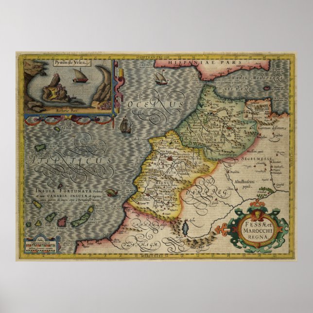 Póster 1606 Map Fez y el Reino de Marruecos por Hondius (Frente)