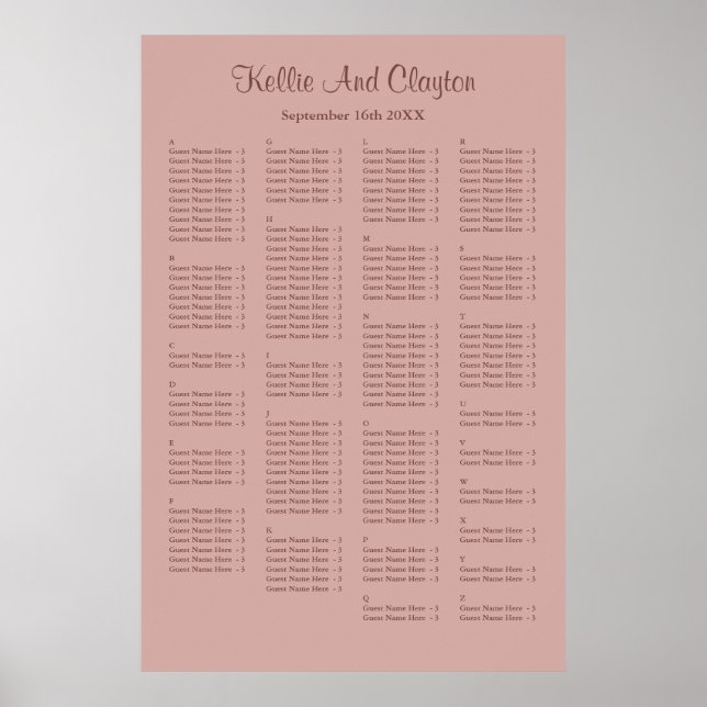 Póster 160 Tabla de asientos Boda simple Rosa de canela (Frente)