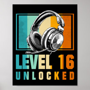 Póster 16.º Nacimiento Niño Video Gamer Nivel 16 Bo desbl
