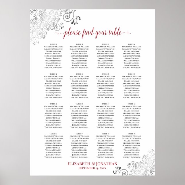 Póster 16 Tabla de asientos Boda de la taberna Blanco y R (Frente)