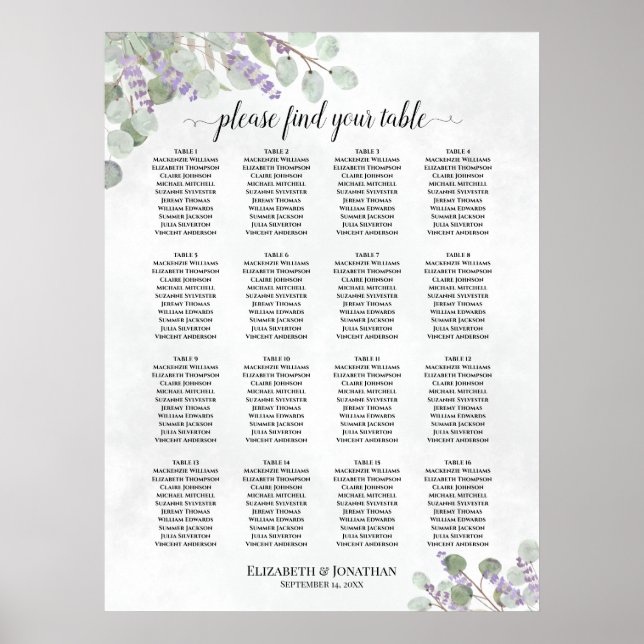 Póster 16 Tabla de asientos Boda de mesa Eucalyptus Laven (Frente)
