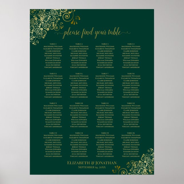 Póster 16 Tabla de asientos de Boda verde esmeralda (Frente)