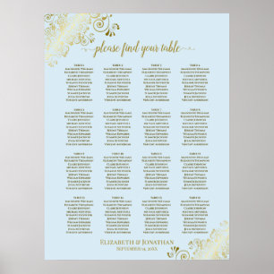 Póster 16 Tabla de asientos en polvo azul y Boda dorado