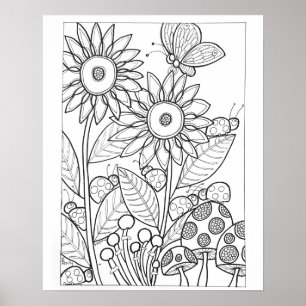 Póster 16"x 20" Ladybugs y mariposa con flor