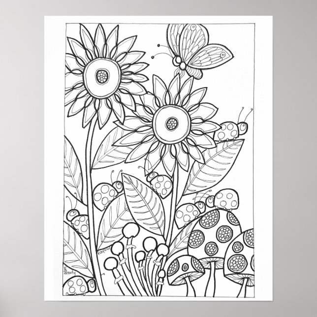 Póster 16"x 20" Ladybugs y mariposa con flor (Frente)